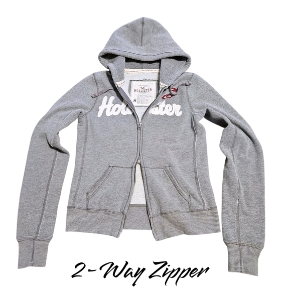 Y2K Hollister Gray Zip Hoodie Wnns M Waffle Knit Hood 2-way Zip Spellout Preppy - Picture 2 of 10